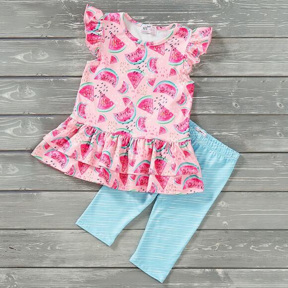 PETE + LUCY Watermelon Splash Pink Sleeveless Capri 2 Piece Set Boutique NEW 7/8 - Picture 1 of 13